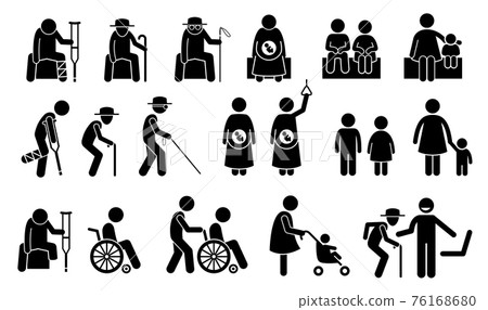 Priority seats for old man, senior citizen, blind man, pregnant woman, children, mother with kid or baby, adult with toddler, handicap, disabled and injured people. Privilege chair for people in need. 76168680