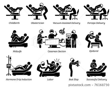 Childbirth at hospital. Ways to deliver baby at hospital by doctor or obstetrician. Methods are vaginal delivery, vacuum assisted, forceps, and Cesarean. Illustration in stick figures pictogram. 76168730