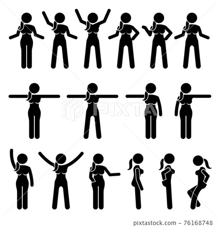 Basic Woman Standing Actions and Movements. Artworks depict a female human standing in various positions with different body languages. Basic Woman Standing Actions and Movements. Artworks depict a female human standing in various positions with different body languages. 76168748