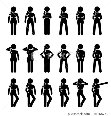 Basic Woman Standing Postures and Poses. Artworks depict a female human standing in various positions with different body languages. 76168749