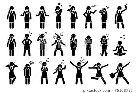 Businesswoman Feelings and Emotions. Artwork depicts business woman body language actions and expressions such as happy, sad, cheerful, angry, surprised, and determination. 76168755