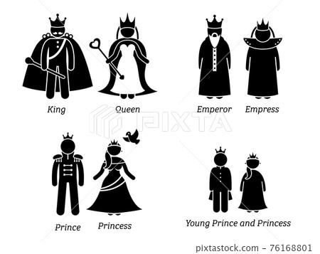 Royal Family Characters. Pictogram set depicts the cartoon characters of the king, queen, emperor, empress, prince, princess, and the royal children. 76168801
