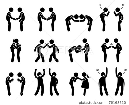 People Meeting and Greeting Gestures Etiquette. Artwork depicts people handshake, holding hand, bowing, fist bump, hugging, kissing hand, namaste, and saying good bye. 76168810