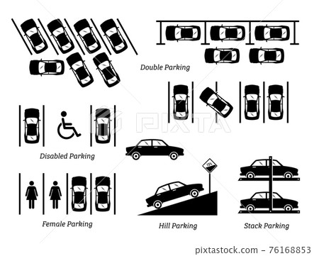 Illegal Car Parking and other Special slots. Illustrations depicts double car parking, disabled, handicap, female, hill, and stack parking. 76168853