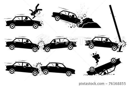 Car Accident and Crash. Illustrations depict a car hit a man, driver drives and crash on boulders, road side pole, another vehicle head on, and back. The car also turn upside down. 76168855