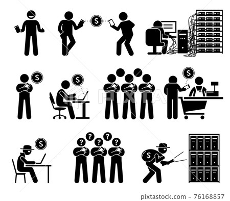 Cryptocurrency and Digital Currency Asset. People using digital currency to buy and transfer  money. Illustrations also show how a person mining and stealing cryptocurrency with computers and servers. 76168857