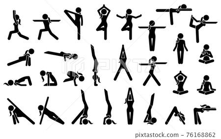 Woman Yoga Postures. Stick figure pictogram depicts various yoga positions, stance, poses, and workout. 76168862