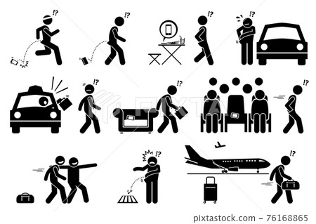 People dropping, forgetting, misplaced and losing their phone and belongings. Stick figure pictogram icons illustrate careless man lose his phone, bag, wallet, luggage and key. People dropping, forgetting, misplaced and losing their phone and belongings. Stick figure pictogram icons illustrate careless man lose his phone, bag, wallet, luggage and key. 76168865