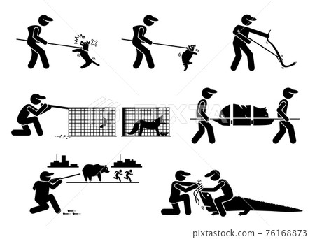 Animal Control Service and Equipments Stick Figure Pictogram Icons. Illustrations depicts animal control officer catching domestic and wild animals with pole, cage, tranquilizer gun, and stretcher. 76168873