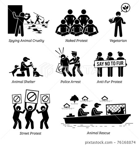 Animal Activists Organization and People Stick Figure Pictogram Icons. Illustrations depicts spying animal cruelty, naked protest, vegan, vegetarian, animal shelter, anti-fur protesters, and rescue. 76168874