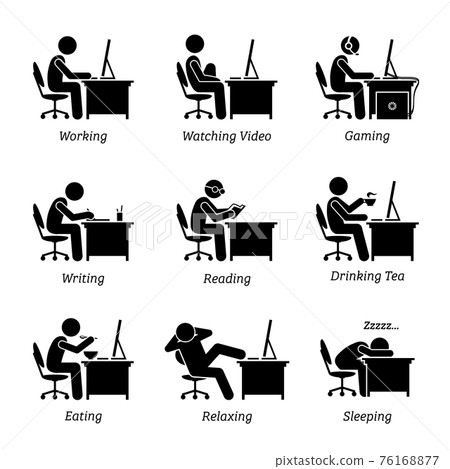 Executive working in front of a computer at office workplace. The businessman is also watching video, gaming, writing, reading, sleeping, eating, drinking coffee and relaxing while using the computer. Executive working in front of a computer at office workplace. The businessman is also watching video, gaming, writing, reading, sleeping, eating, drinking coffee and relaxing while using the computer. 76168877