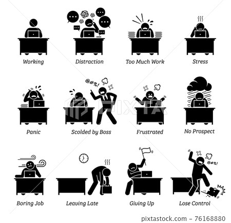 Worker working in a very stressful office workplace. The employee is distracted, having too much work, frustrated and scolded by boss. The job is boring, tiring, inefficient and has no prospect. 76168880
