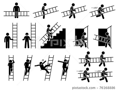 Man with a ladder. Pictogram showing a man holding and carrying a ladder while walking and running. The person also climbing up and down from the ladder. 76168886
