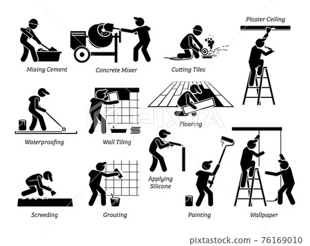 Home Improvement and House Renovation Icons. Pictogram depicts workers and specialists renovating, upgrading, and repairing building. 76169010