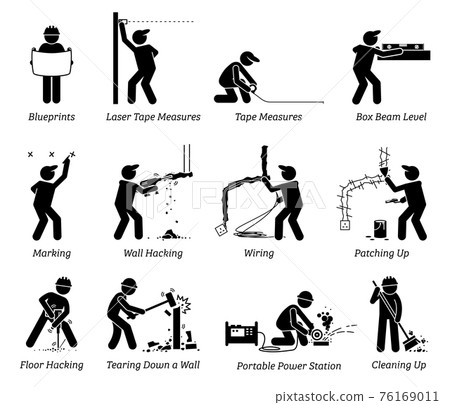 Construction, Renovation, and House Improvement Icons. Pictogram depicts workers and contractors working in different jobs and works at a construction sites. 76169011