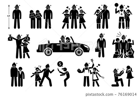 The Perfect Man, Boyfriend, and Husband. Stick figure depicts a tall, handsome, rich, successful, macho, and romantic man that is loved by woman, girlfriend, and wife. 76169014