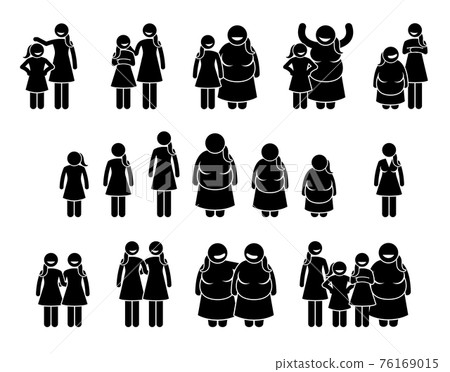 Woman and Girls of Different Body Sizes and Heights Icons. Stick figures pictogram depict average, tall, short, fat, and thin body figures of female human. 76169015