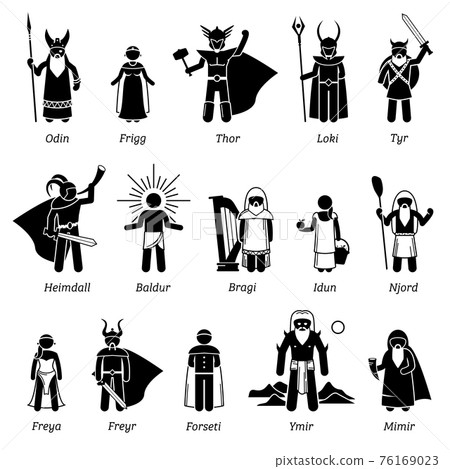 Ancient Norse Mythology Gods and Goddesses Characters Icon Set 76169023