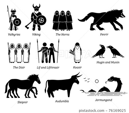 Ancient Norse Mythology People, Monsters and Creatures Characters Icon Set. 76169025