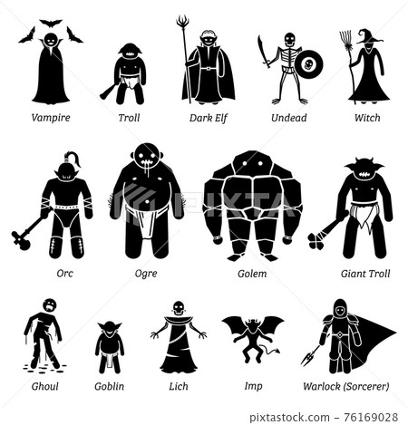 Ancient medieval fantasy evil characters, creatures, and monsters icon set. A vector illustratin of ancient fantasy evil characters from the medieval times. 76169028
