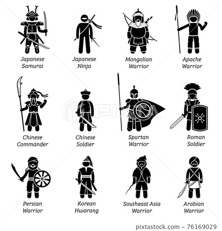 Ancient warriors around the world. Illustrations depict ancient soldiers, military, fighters, outfit, wear, weapon, and armors of different dynasty and empires throughout the history. Ancient warriors around the world. Illustrations depict ancient soldiers, military, fighters, outfit, wear, weapon, and armors of different dynasty and empires throughout the history. 76169029