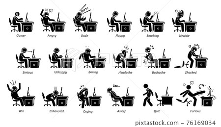 Gamer reactions, feelings, and emotions while playing PC games. Stick figure icons depicts people playing games on computer being angry, happy, rude, serious, boring, exhausted, and furious. 76169034