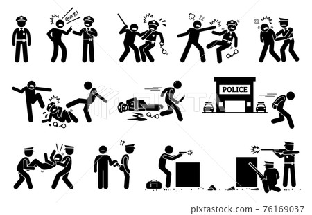 Man fighting, obstructing, and resisting police arrest. Pictogram depicts criminal threatening the law and order of justice by assaulting policeman. Man fighting, obstructing, and resisting police arrest. Pictogram depicts criminal threatening the law and order of justice by assaulting policeman. 76169037