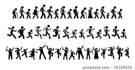 Many people walking, running, and dancing together. Stick figures pictogram depicts a lot of people from young to old marching, marathon, and partying. Crowd celebrate by jumping up and down. 76169038