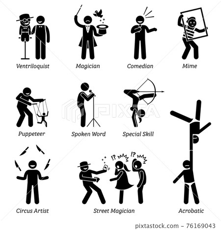 Theater stage performers, entertainers, artists, and live acts. Pictograms depict ventriloquist, magician, comedian, mime, puppeteer, spoken word, circus, street magician, and acrobatic skills. Theater stage performers, entertainers, artists, and live acts. Pictograms depict ventriloquist, magician, comedian, mime, puppeteer, spoken word, circus, street magician, and acrobatic skills. 76169043