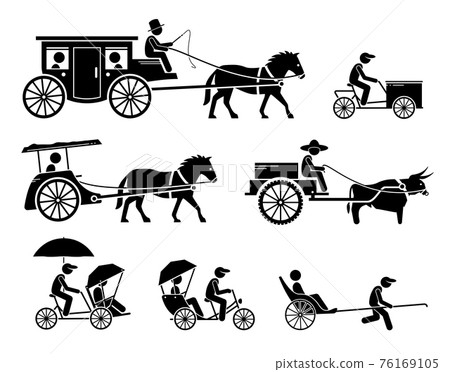 Set of traditional, old, and ancient ground transportations. Pictograms depict dokar, dogcart, horse carriage car, cargo bicycle, bullock cart, trishaw, rickshaw, and horse drawn vehicle. Set of traditional, old, and ancient ground transportations. Pictograms depict dokar, dogcart, horse carriage car, cargo bicycle, bullock cart, trishaw, rickshaw, and horse drawn vehicle. 76169105