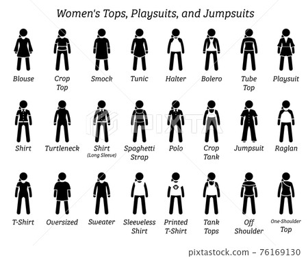 Women tops, playsuits, and jumpsuits. Stick figures depict a set of different type of tops, t-shirt, shirts, playsuits, and jumpsuits. This fashion clothing designs are wear by female, lady, and girl. 76169130
