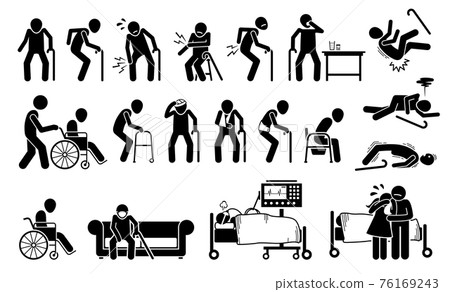 Injured old man with body ache and joint pain. Vector illustrations of elderly men with injury using wheelchair, bandage plaster cast for broken bone. People on ventilator respirator at ICU hospital. Injured old man with body ache and joint pain. Vector illustrations of elderly men with injury using wheelchair, bandage plaster cast for broken bone. People on ventilator respirator at ICU hospital. 76169243