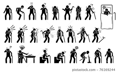 Sick old man infected with disease signs and symptoms. Vector illustrations icons of elderly old man with sickness and illness showing symptoms and syndromes of infection and health problems. 76169244