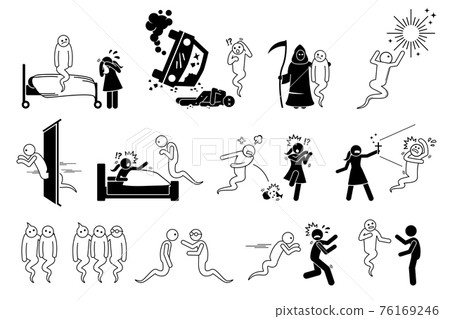 Man died and become a ghost. Icons set depict a spirit haunting people and house. The soul goes to hell or heaven after life. People are scared of the ghost. Man died and become a ghost. Icons set depict a spirit haunting people and house. The soul goes to hell or heaven after life. People are scared of the ghost. 76169246