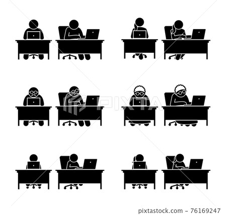 Different family members using computer to go online. The people that are working on the laptop are man, woman, old man, elderly woman, and children. 76169247