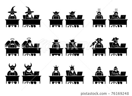 Different characters and people using computer to surf the Internet. The characters are wizard, troll, zombie, God, Satan, devil, pirate, viking warrior, king, and bandit working online with laptop. Different characters and people using computer to surf the Internet. The characters are wizard, troll, zombie, God, Satan, devil, pirate, viking warrior, king, and bandit working online with laptop. 76169248