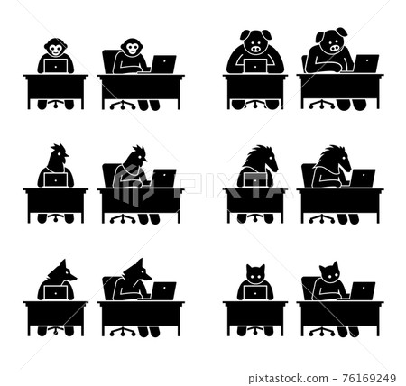 Different type of animals using computer to surf the Internet. Icons depict monkey, pig, chicken, horse, wolf, and cat working on a laptop and go online. Different type of animals using computer to surf the Internet. Icons depict monkey, pig, chicken, horse, wolf, and cat working on a laptop and go online. 76169249