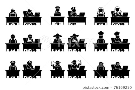 Different jobs of people using Internet through the computer. Icons depict doctor, nurse, judge, industrial worker, farmer, chef, police, detective, and researcher working online with a laptop. Different jobs of people using Internet through the computer. Icons depict doctor, nurse, judge, industrial worker, farmer, chef, police, detective, and researcher working online with a laptop. 76169250