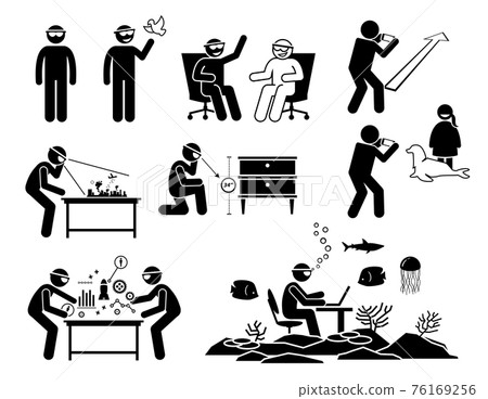 People using and wearing future augmented reality headset, glasses, and spectacles. Stick figure pictogram depicts icons for AR devices and the application usages with the futuristic technology. People using and wearing future augmented reality headset, glasses, and spectacles. Stick figure pictogram depicts icons for AR devices and the application usages with the futuristic technology. 76169256