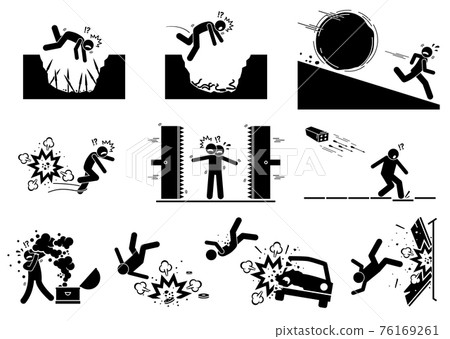 Booby trap pictograms. Stick figure icons depict ancient and modern booby trap setup that kill human. Booby trap pictograms. Stick figure icons depict ancient and modern booby trap setup that kill human. 76169261