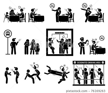 People hate smoker smoking in public places. Illustrations depict non-smoker despise inconsiderate smoker at restaurant, bus stop and inside the elevator. Designated smoking area is prepared for them. 76169263