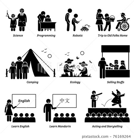 Enrichment program in academic and extra curricular activities for school children. Illustration depict children learning different educational activities at school and outside. 76169264