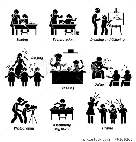 Arts and crafts enrichment programs for children. Illustrations depict the activities of sewing, sculpture art, drawing, coloring, singing, cooking, playing guitar, photography, toy block, and drama. 76169265