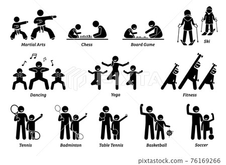Enrichment programs for children. Illustrations depict sports and games for kids to learn and play. Enrichment programs for children. Illustrations depict sports and games for kids to learn and play. 76169266