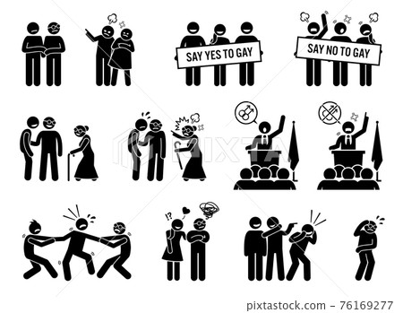 Gay man social problems and life hurdles. Illustrations depict homosexual men facing social difficulties, acceptance, rejections, and bullying. Gay man social problems and life hurdles. Illustrations depict homosexual men facing social difficulties, acceptance, rejections, and bullying. 76169277