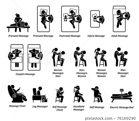 Human masseur and massage equipments. Artworks depict massage for prenatal, postnatal, infant, adult, and couple. Equipment and massage tools include chair, leg, handheld tool, and bed. 76169290