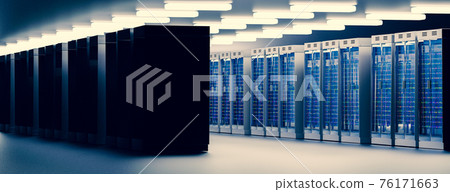 Server room data center. Backup, mining, hosting, mainframe, farm and computer rack with storage information. 3d render Server room data center. Backup, mining, hosting, mainframe, farm and computer rack with storage information. 3d render 76171663