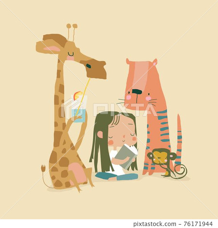 Little girl reading book with cute animals Little girl reading book with cute animals 76171944