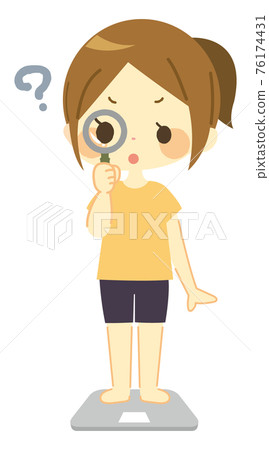 Woman on a scale with a magnifying glass Woman on a scale with a magnifying glass 76174431