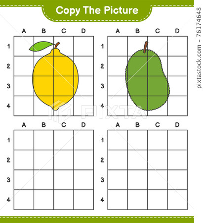Copy the picture, copy the picture of Fruits using grid lines. Educational children game, printable worksheet, vector illustration Copy the picture, copy the picture of Fruits using grid lines. Educational children game, printable worksheet, vector illustration 76174648